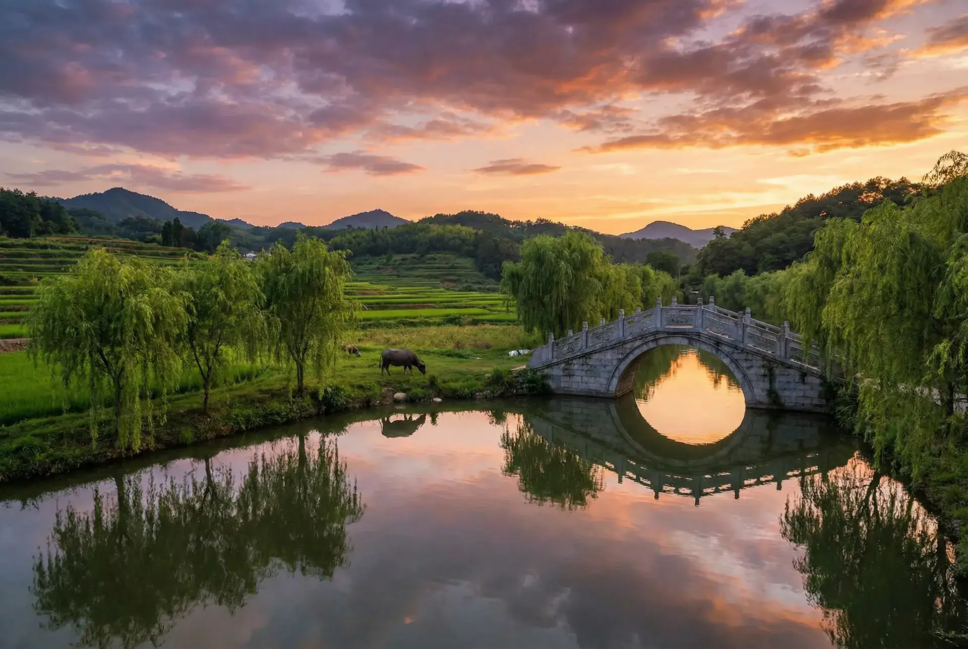 夕阳下的石拱桥与垂柳，水牛在河边吃草 - 女子裸 乡村美景